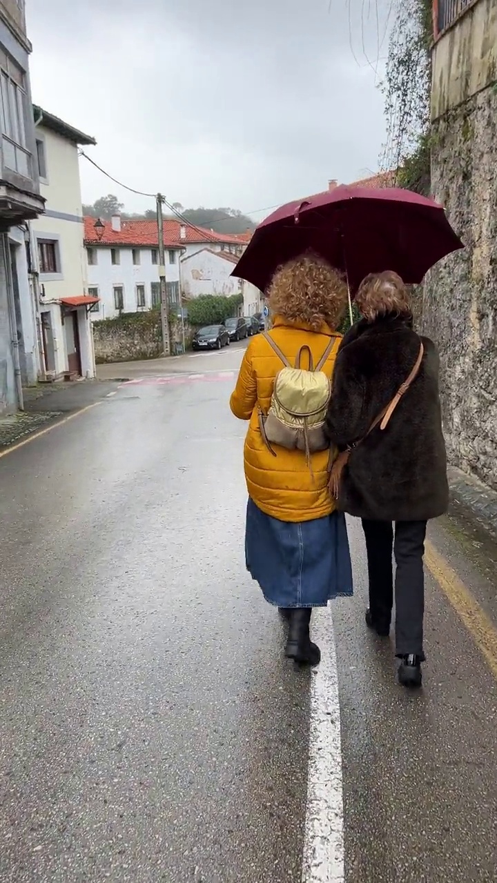 两个女人打着伞在雨中穿过一个村庄。视频下载