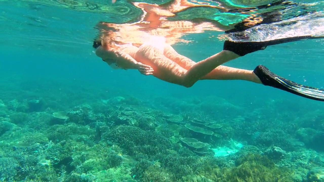 游泳，海洋和水下女子浮潜自然海上冒险，自由潜水旅行或旅程在巴厘岛印度尼西亚。珊瑚、海水和比基尼潜水者进行运动健身锻炼视频素材