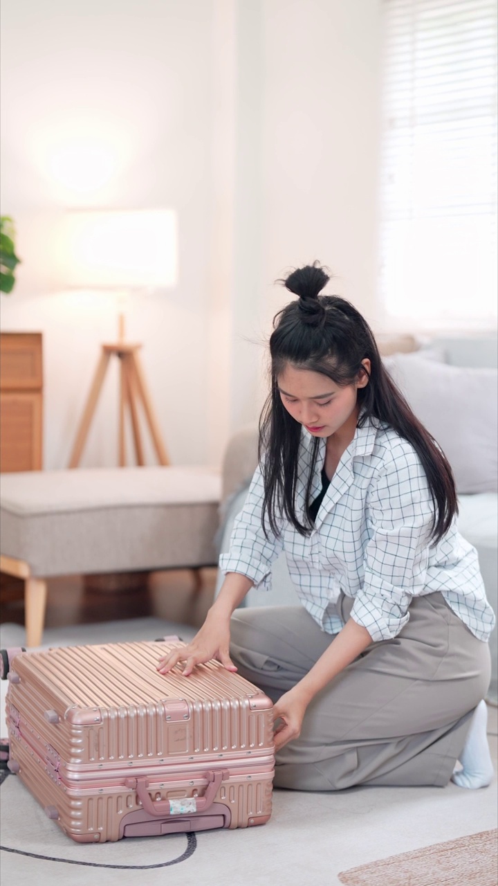 一名亚洲女子小心翼翼地把随身物品装进旅行袋，准备在一个漫长的周末进行一次冒险之旅视频素材