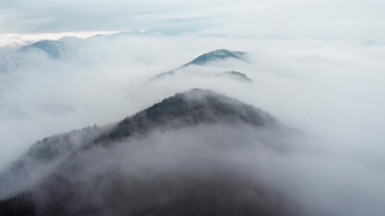 在清晨拍摄的云海中出现的薄雾山峰视频素材