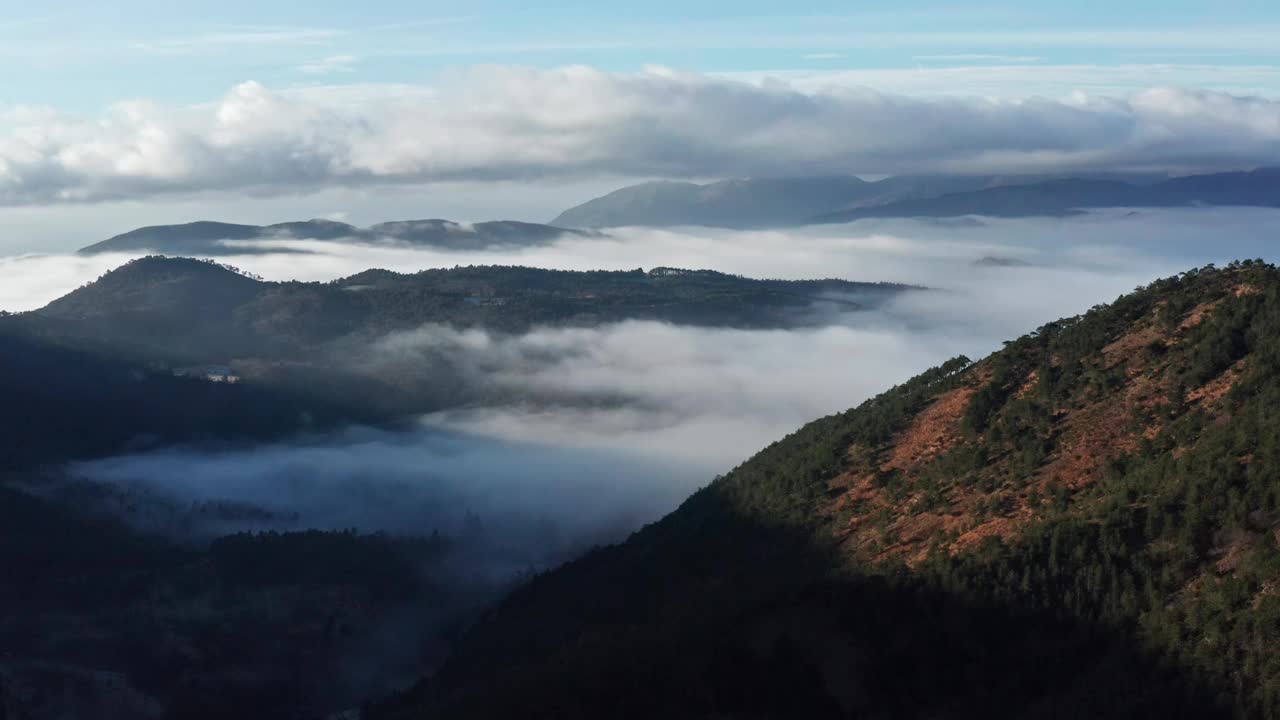 日出时，云雾缭绕的山峰高耸入云，山坡上长满了松林视频素材