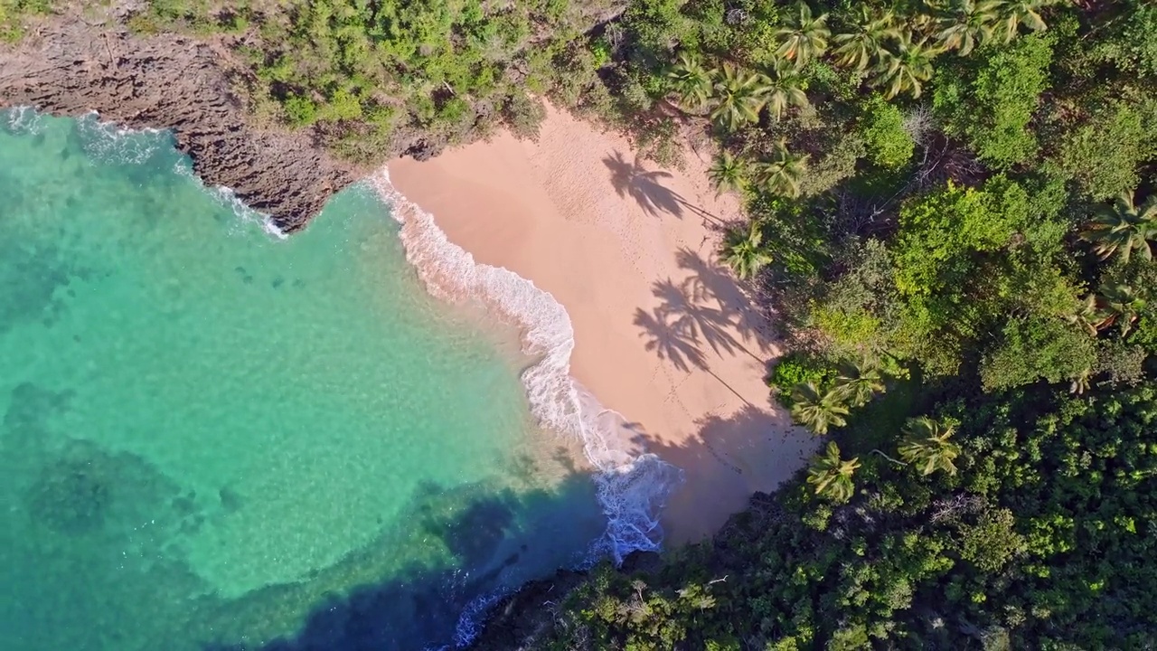 Playa Onda Samana -偏远的海滩与白色的沙滩和清澈的绿松石水在多米尼加共和国。空中俯视图视频素材