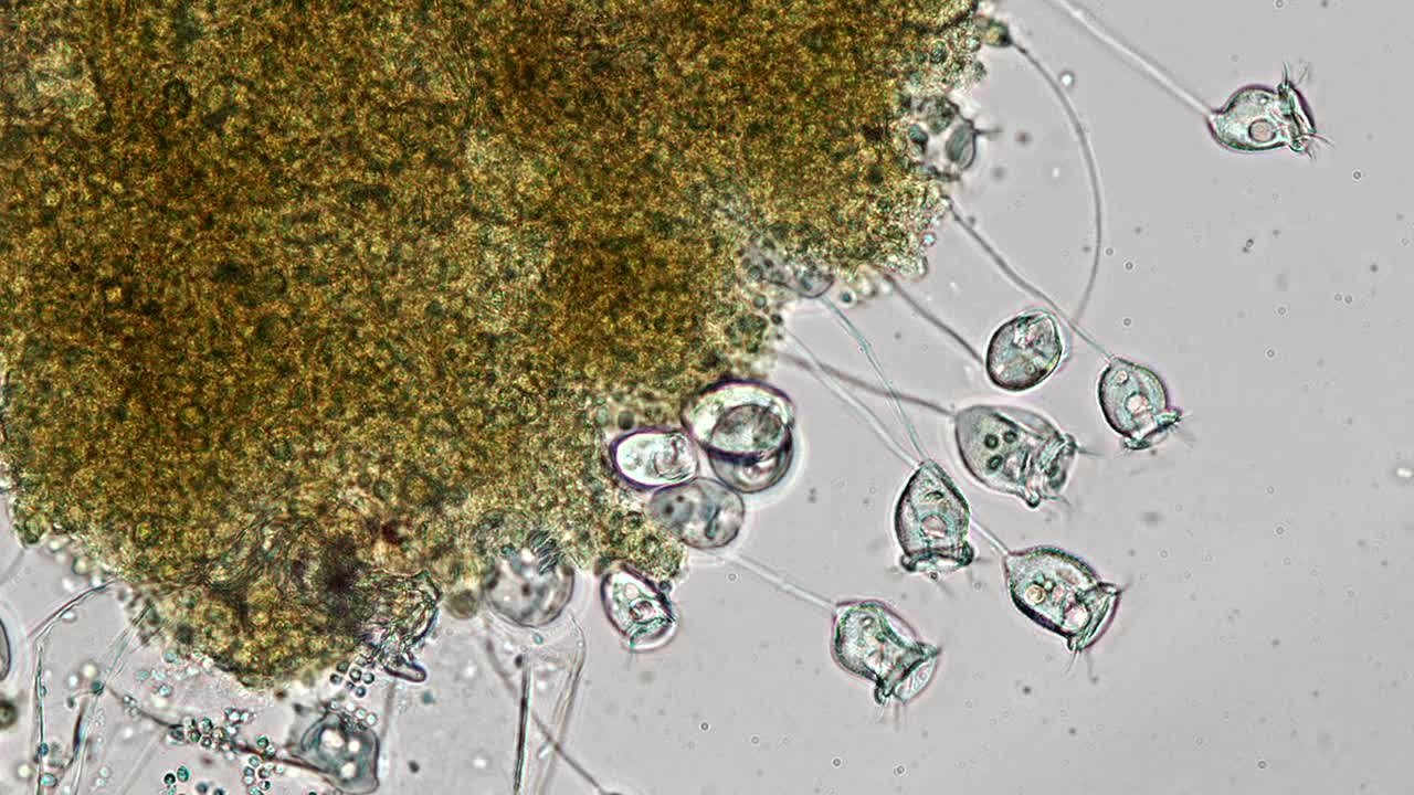 显微镜下水族馆水中的Vorticella -钟形纤毛虫属(原生动物)视频下载