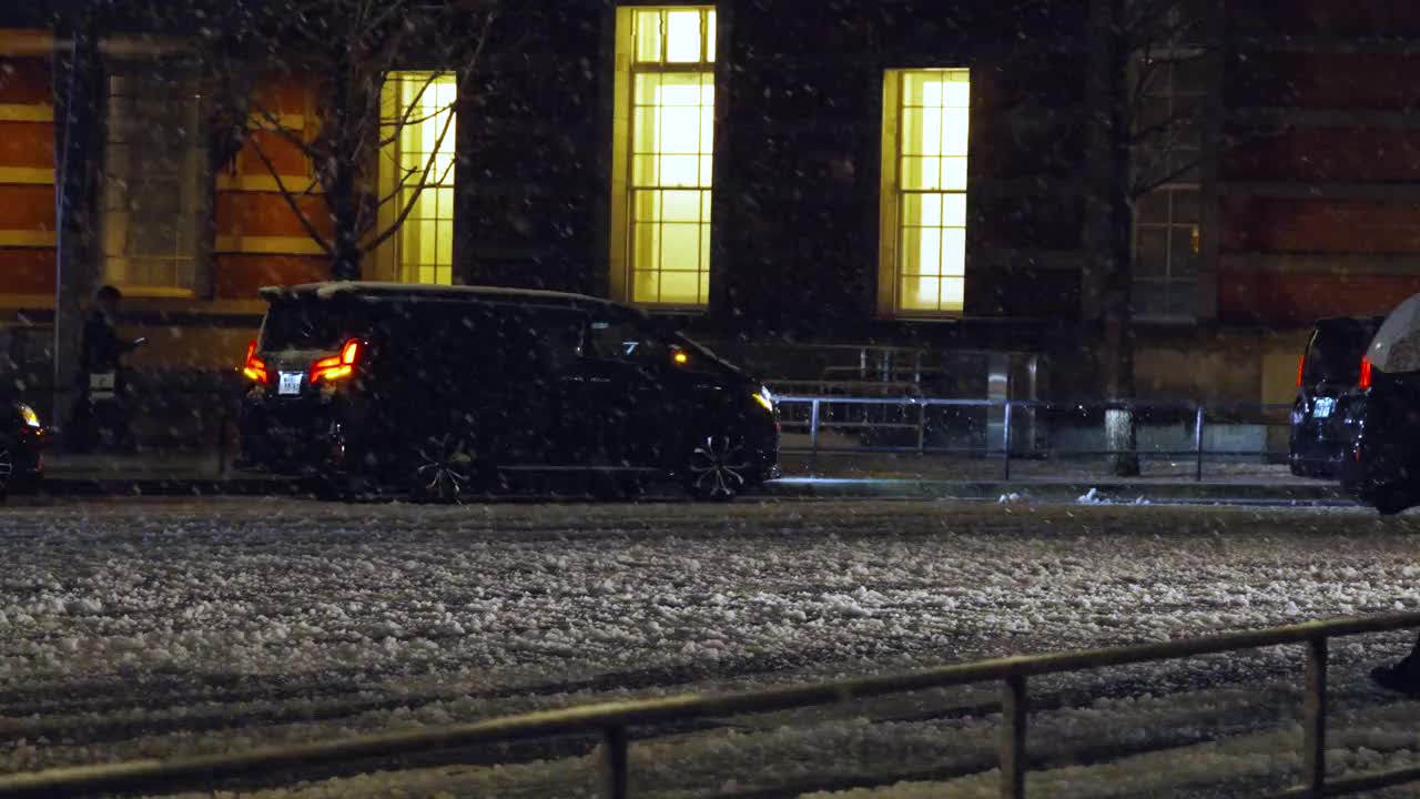 在东京丸之内站的十字路口，夜间的东京下着雪，行人走在积雪的道路上视频下载