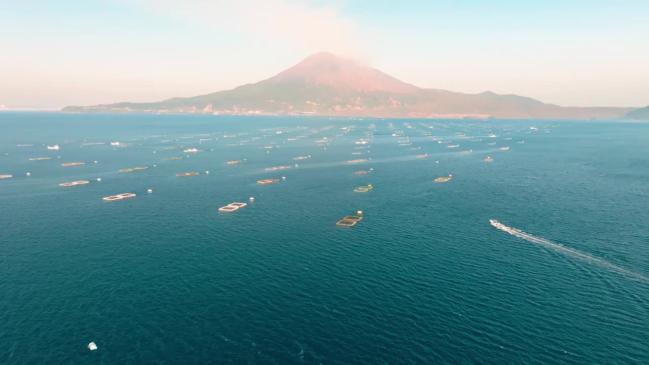 鸟瞰图，一艘渔船在鹿儿岛湾的蓝色海水和鱼笼之间驶向樱岛火山视频下载