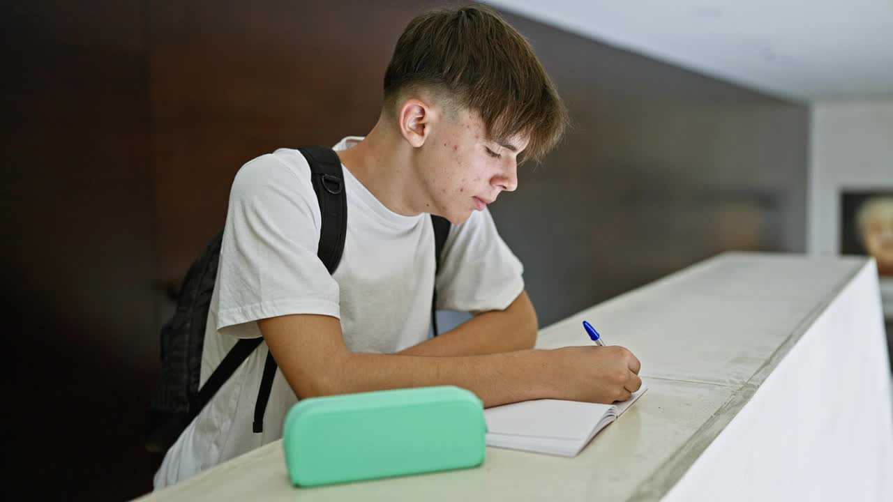 一个满脸粉刺的沉思的年轻人在大学教室里拿着一支蓝色的钢笔学习。视频素材