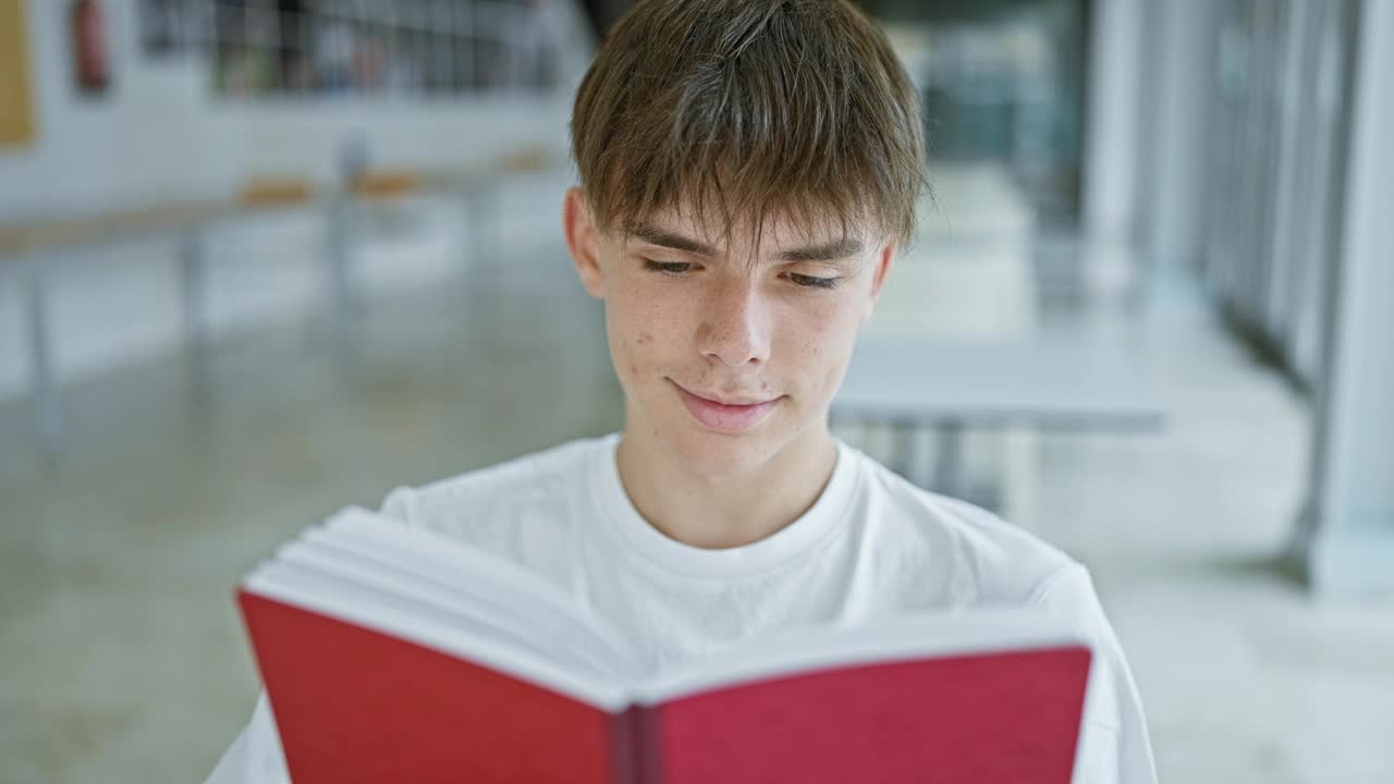 一个年轻的白人男子坐在明亮的大学图书馆里看书，体现了学习和专注。视频素材