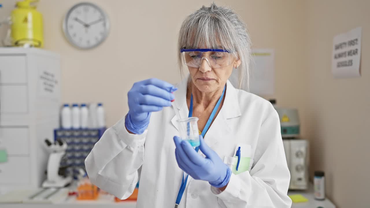 成熟的女科学家在实验室里进行实验，分析烧杯里的一种蓝色化学物质视频素材