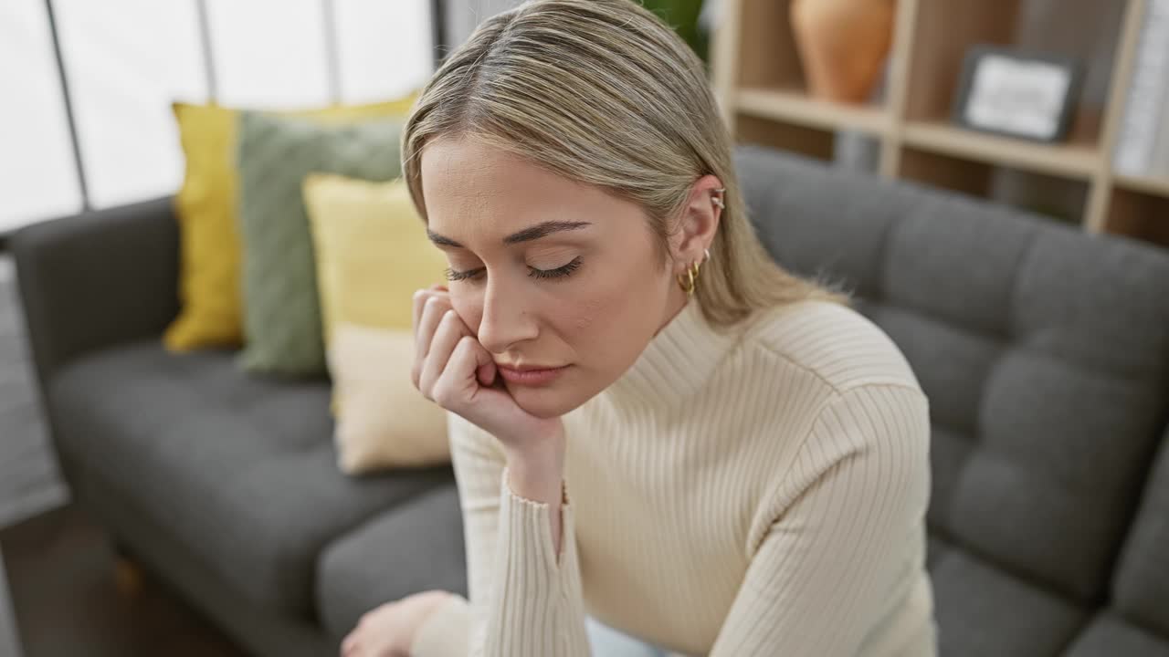 一个沉思的年轻女子坐在一个舒适、现代的客厅里，带着一种中性的表情。视频素材