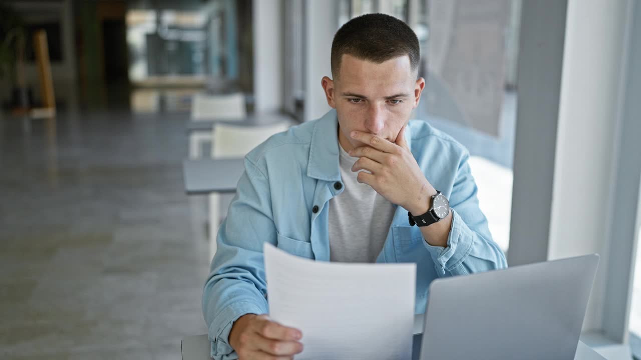 在现代大学图书馆里用笔记本电脑和纸张专心学习的年轻人视频素材