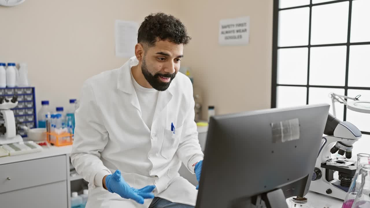 年轻的西班牙裔男性科学家在实验室分析电脑屏幕上的数据视频素材