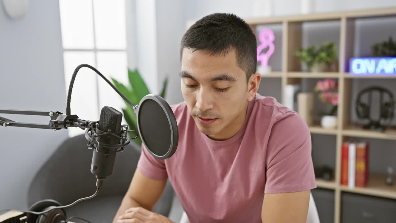 一名年轻的西班牙裔男子，一名难以置信的电台播音员，惊讶的脸上露出恐惧的表情，紧张地握着麦克风，震惊的嘴巴在音乐演播室里张得大大的。视频素材