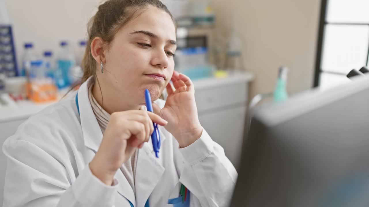 沉思的女科学家在实验室里分析电脑上的数据视频素材