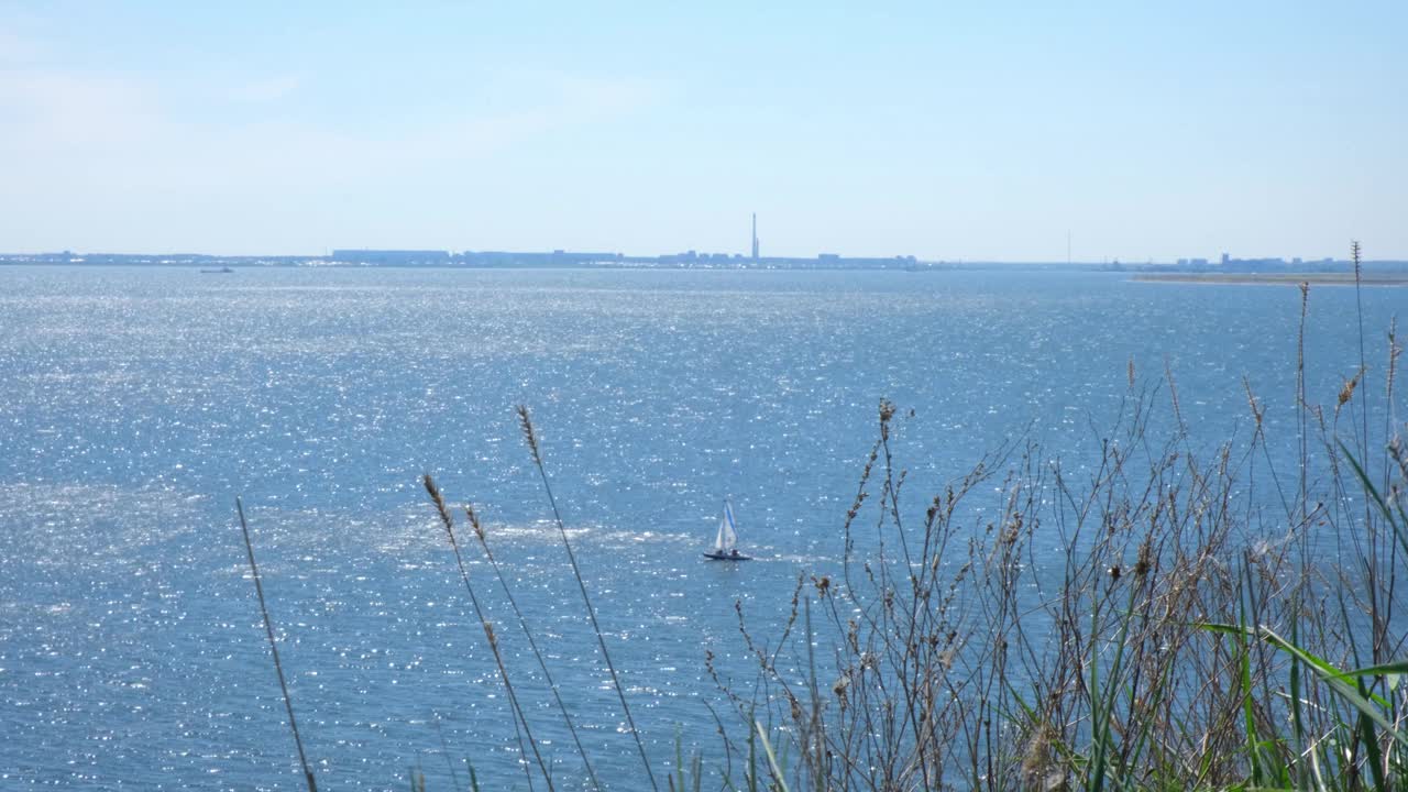 海景。在一个阳光明媚的夏日，一艘帆船独自驶过大海。航海。白帆双体船在公海上航行。赛舟会。在帆船上迎风移动的游艇之旅。视频下载