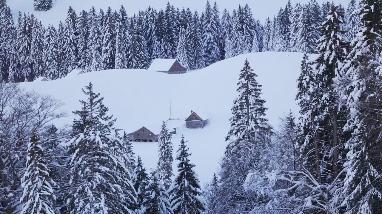 冬季雄伟的山脉。白雪覆盖的森林和森林里的小屋。视频素材