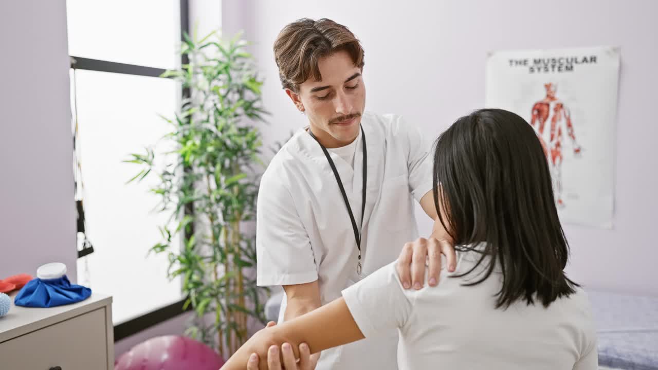 一名男性物理治疗师在诊所的治疗室里协助一名女性病人进行手臂康复。视频素材