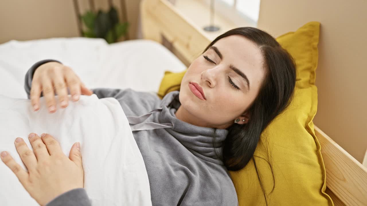 头痛的西班牙裔妇女躺在家里的床上，感觉不舒服。视频素材