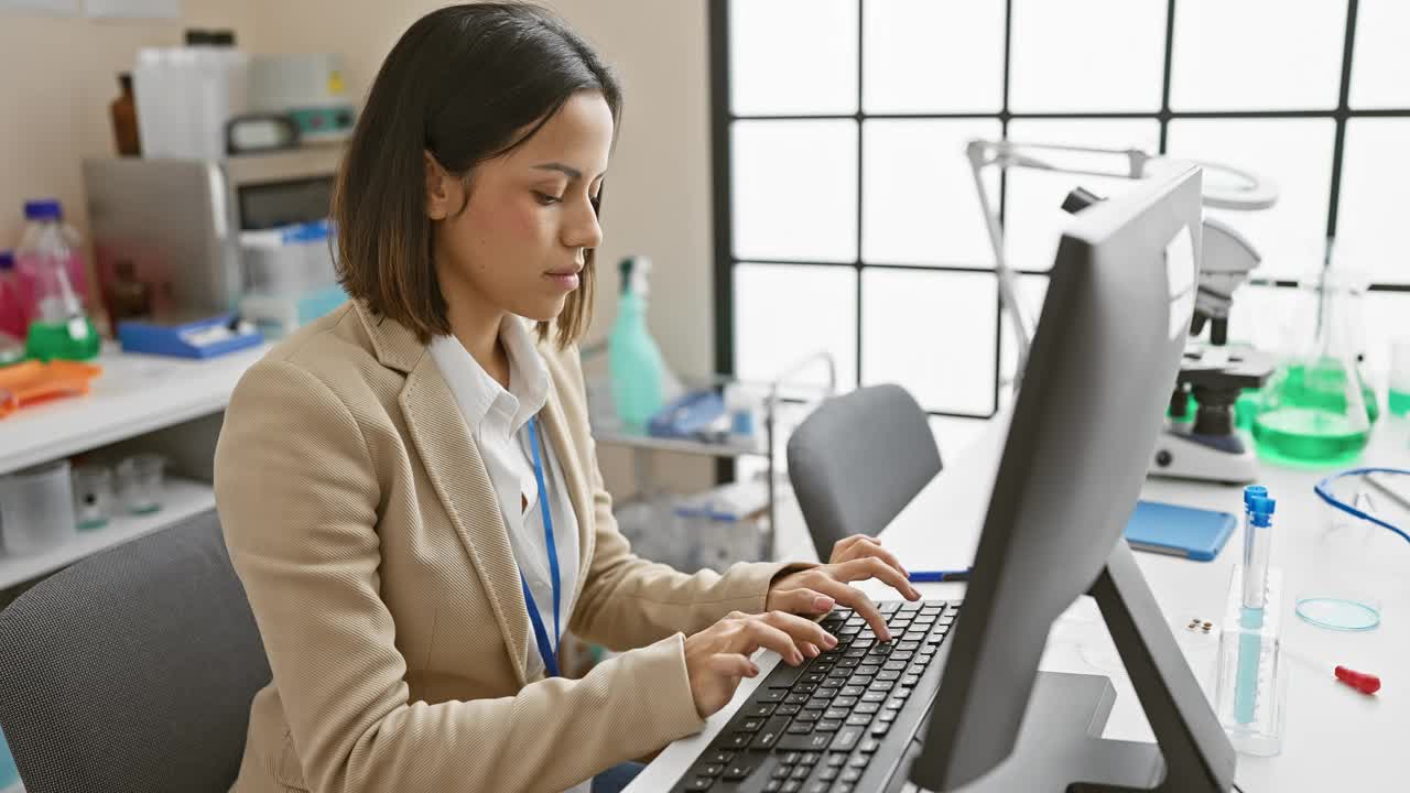 一位专注的西班牙裔女科学家在现代实验室环境中使用计算机工作。视频素材