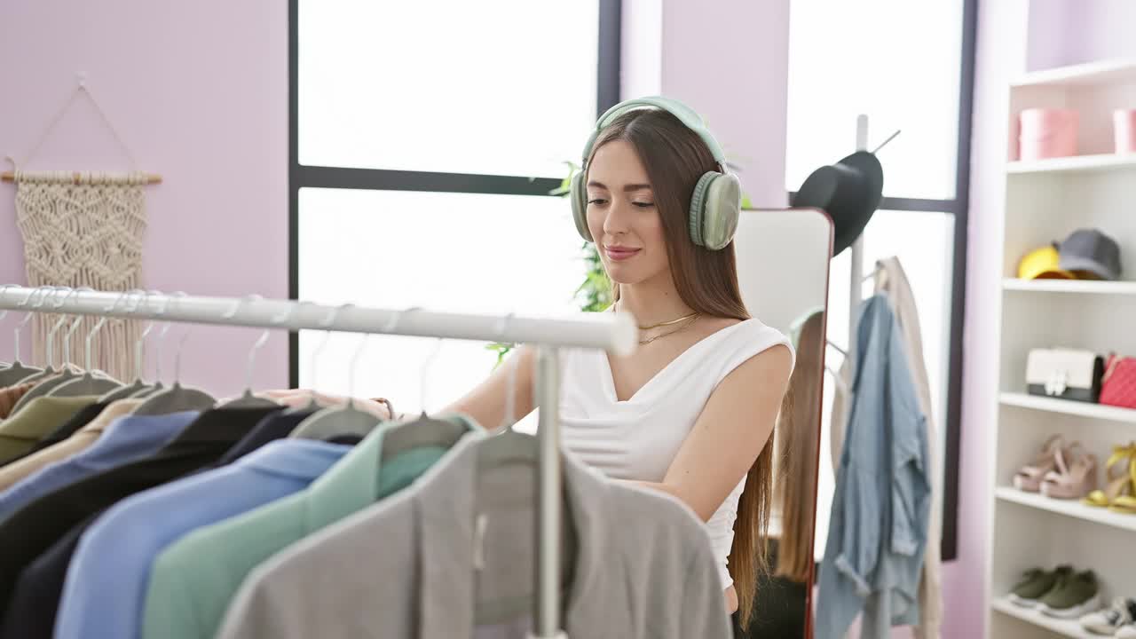 一位女士戴着耳机欣赏音乐，在明亮的步入式衣帽间里挑选衣服视频素材