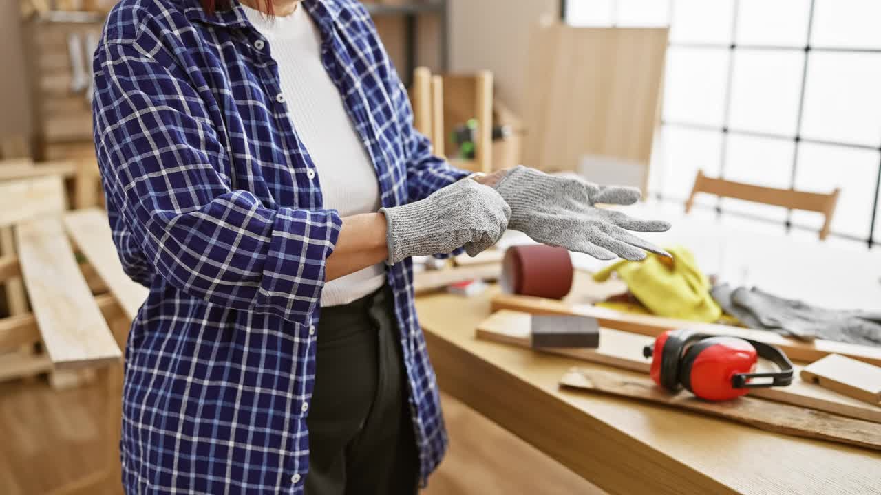 一个戴着手套的成熟女人在摆满工具和木材的木工车间里。视频素材