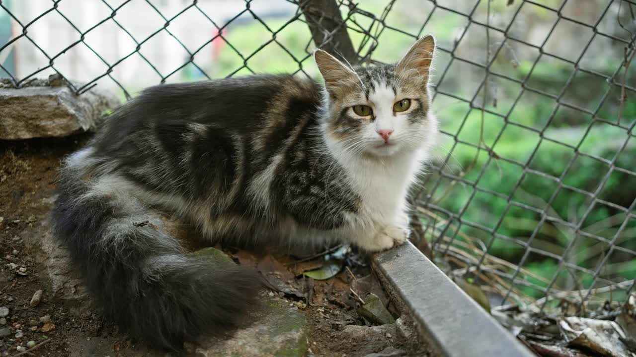 一只长着白色皮毛的虎斑猫沉思地坐在室外的铁丝网后面，周围是绿色的树叶。视频素材