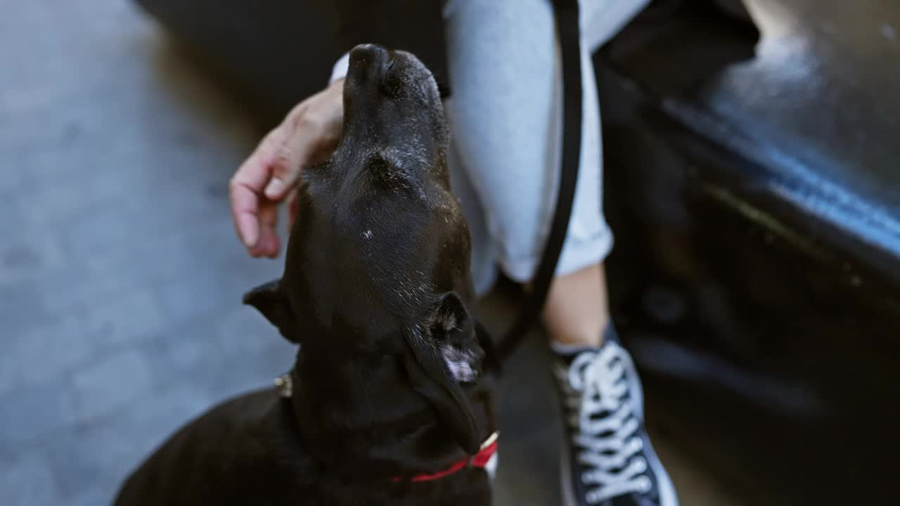 一位女士在城市街道上温柔地抚摸着她的黑色拉布拉多犬，传达出一种陪伴和城市生活的感觉。视频素材