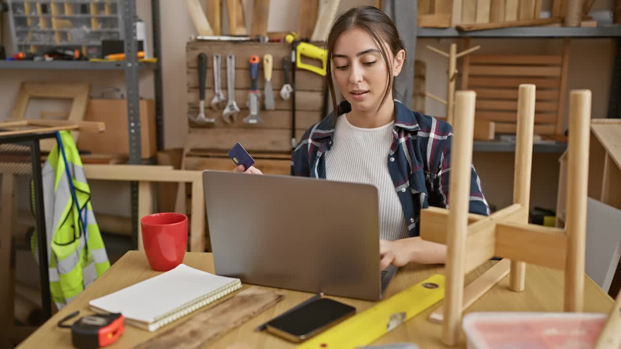 西班牙裔妇女在木工车间用笔记本电脑工作，手里拿着信用卡视频素材