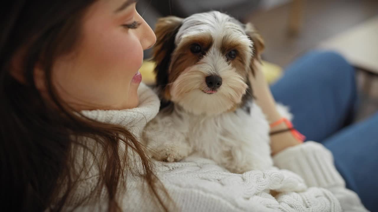 在舒适的客厅里，一位年轻的西班牙女子抱着一只比维尔约克夏梗犬，散发着温暖和友谊。视频素材