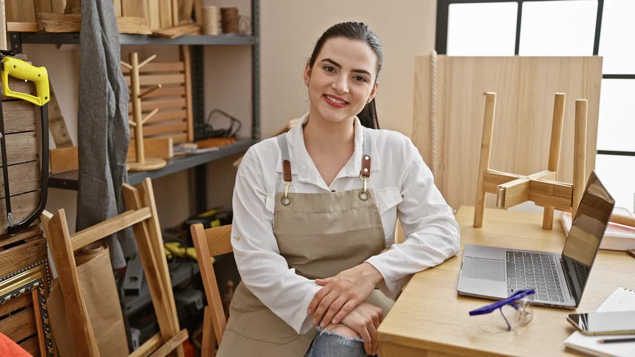 一位年轻的西班牙裔妇女在木工车间里拿着木工工具和笔记本电脑，描绘了一位现代工匠。视频素材