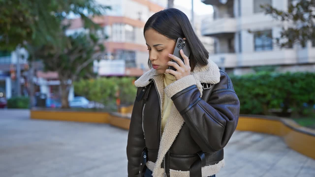 一位女士在城市公园里用智能手机说话，显得很紧张。视频素材