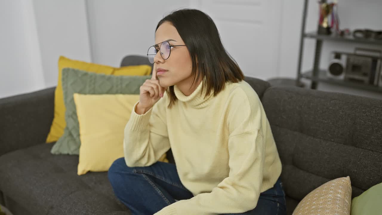 年轻漂亮的西班牙女人戴着眼镜用手指着成功的想法。兴奋而快乐。第一。在家里视频素材