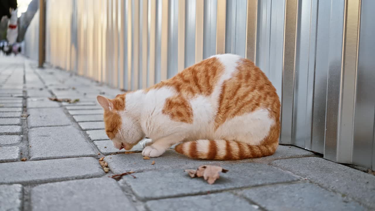 一只可爱的橙白相间的猫在城市街道上吃东西，背景是金属栅栏和铺路石。视频素材