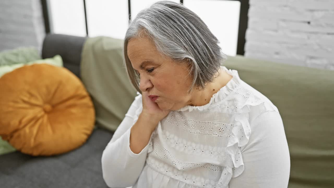 一个成熟的女人若有所思地坐在室内白砖背景的沙发上视频素材