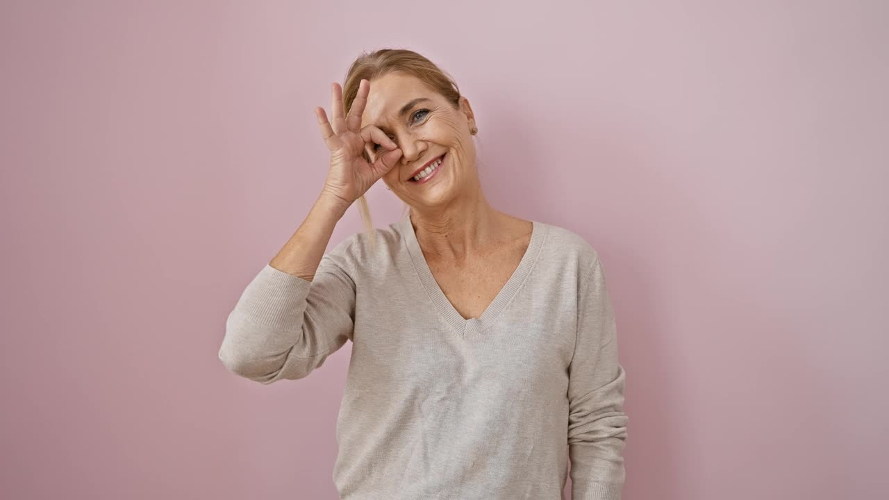 开朗的中年金发女人笑容灿烂，站在粉红色的背景上，充满自信的表情，用手指做了一个有趣的“ok”手势，眼睛快乐地闪烁着!视频素材