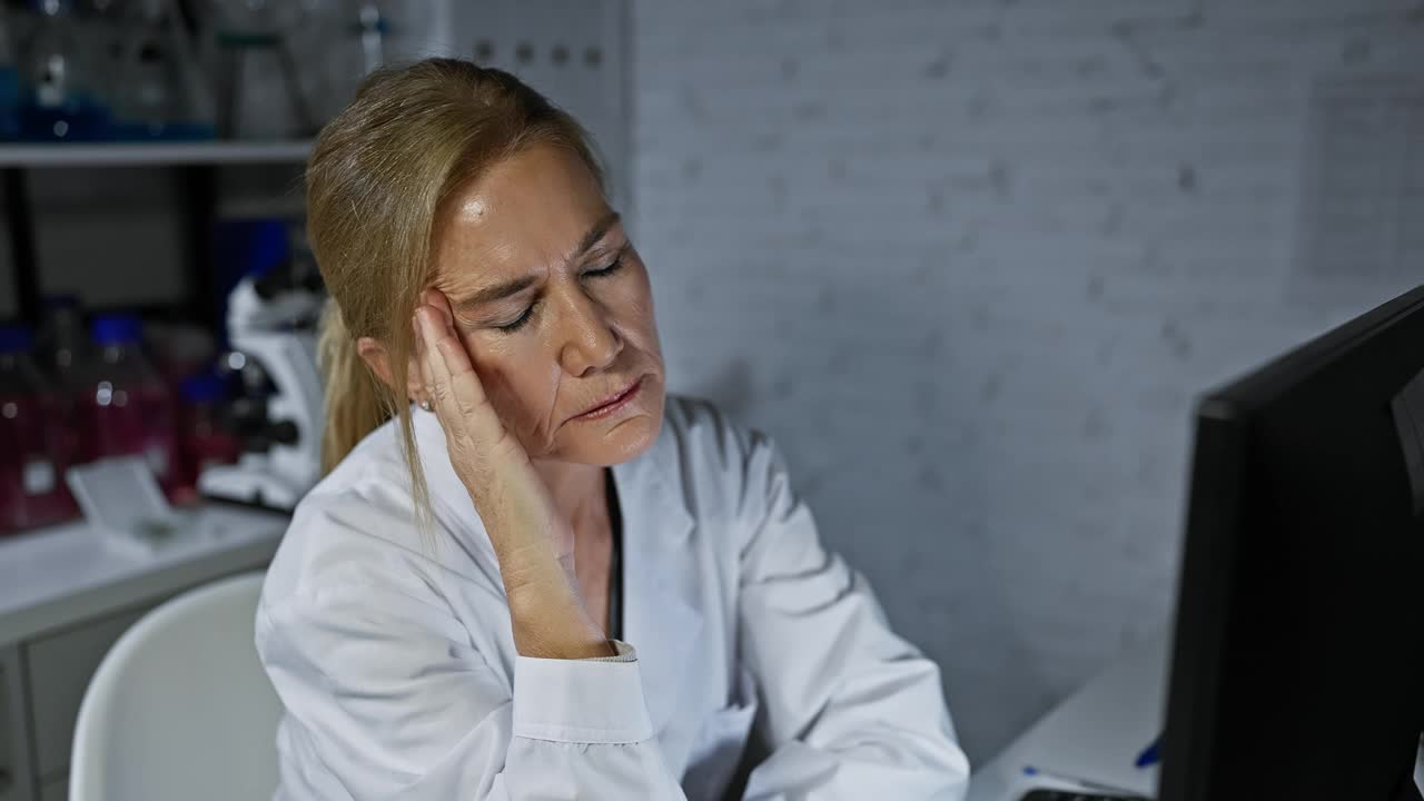 穿着大褂的成熟女科学家在实验室的电脑前感到压力视频素材