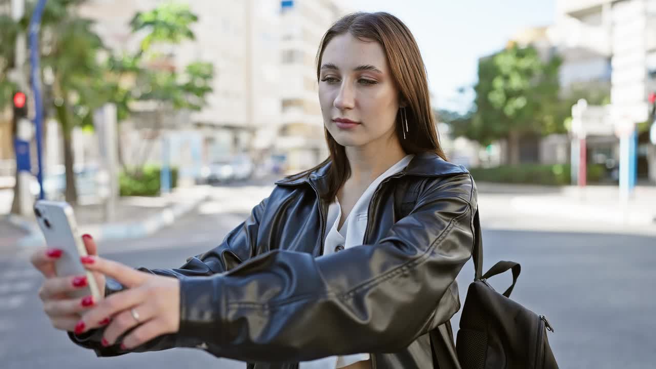 年轻的白人女子在阳光明媚的城市街道上看手机视频素材