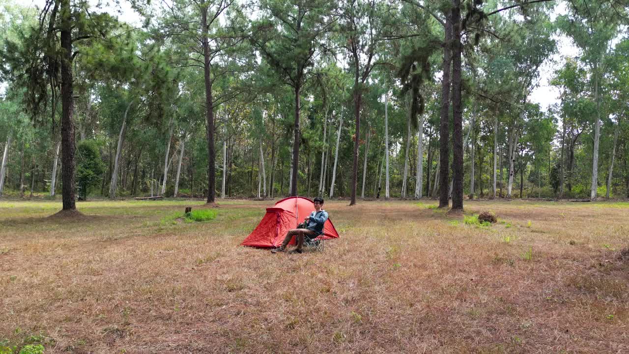 徒步旅行者在松树林中的露营地露营视频素材