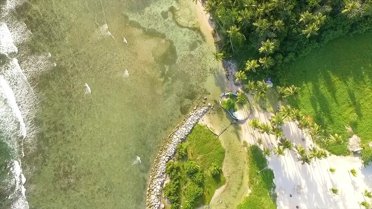 郁郁葱葱的迈阿密海岸线，海浪轻轻拍打，阳光明媚的一天，鸟瞰，在美利坚合众国视频素材