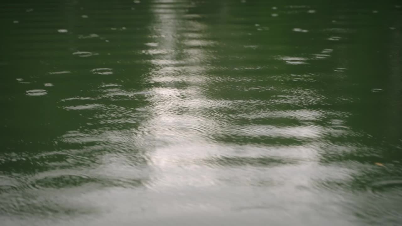 清澈的水滴落在宁静的水面上，在宁静的湖面上泛起涟漪。水滴形成图案，在自然环境中反射光线，非常适合禅宗般的氛围。视频素材