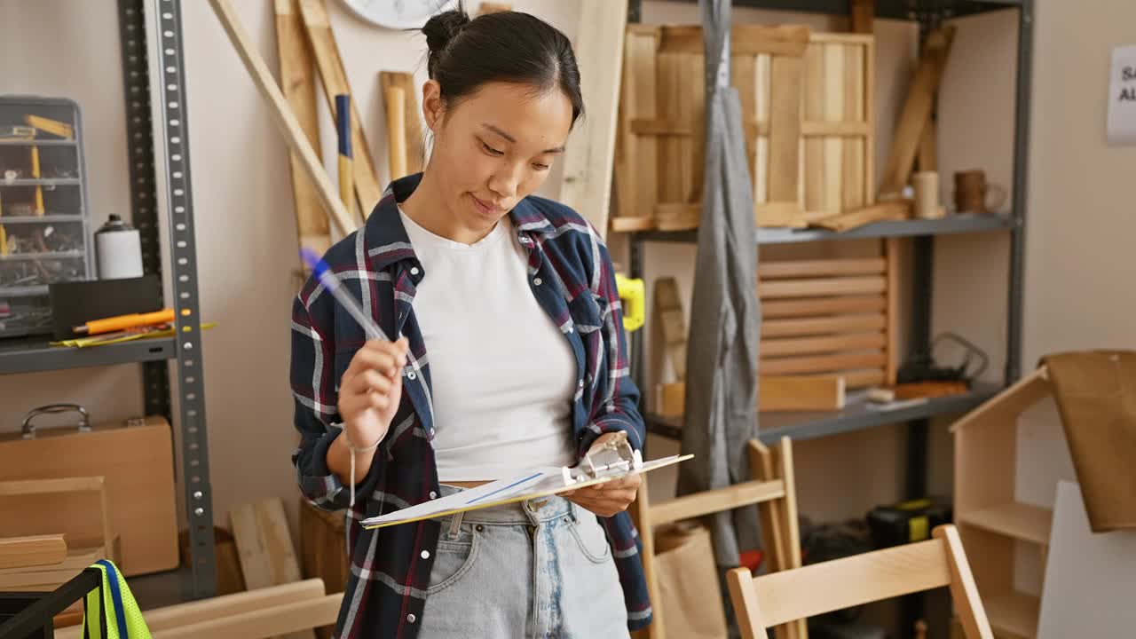 在一个堆满工具和木制家具的木工车间里，一名专注的亚洲妇女正在检查一个剪贴板。视频素材