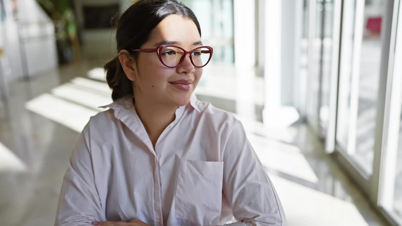 在明亮的办公室里，一位戴着眼镜、穿着白衬衫的开朗的西班牙妇女的画像视频素材