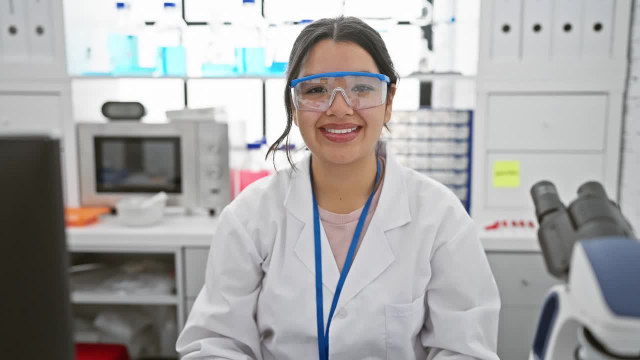 激动的年轻西班牙女科学家在实验室庆祝胜利!漂亮的女人戴着安全眼镜，骄傲地、高兴地尖叫着，胜利地举起双臂视频素材