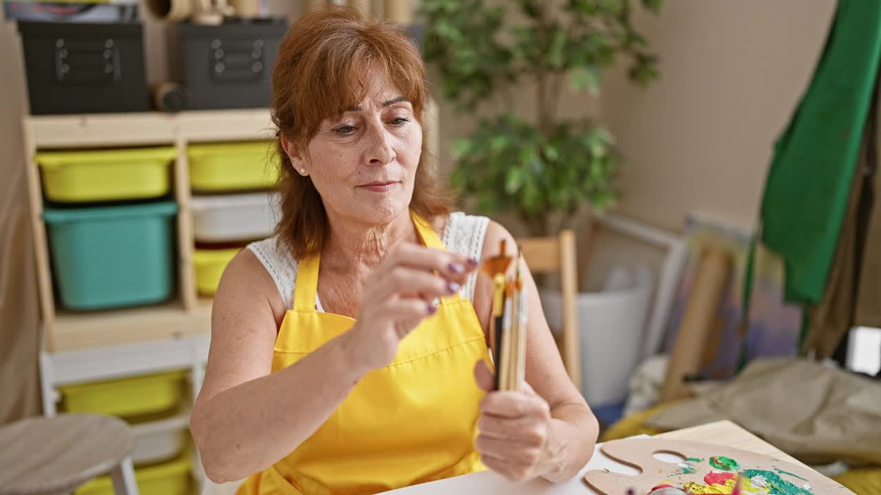 画室里的中年女艺术家心情愉快，手持画笔，用手指做着“ok”的手势，自信的微笑表达着喜悦的认可和卓越的成功视频素材