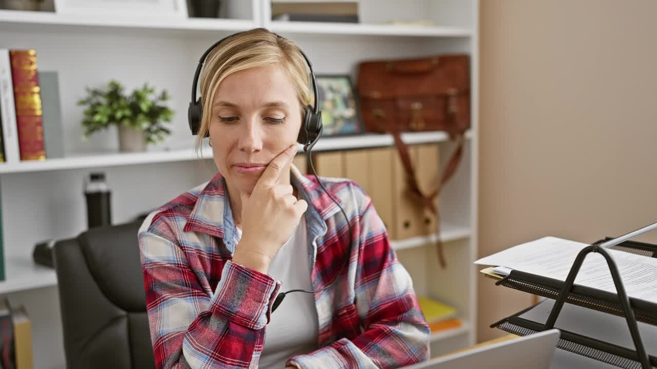 开朗的年轻女商人喜欢做木工活，戴着耳机在笔记本电脑前想出一个聪明的主意，用手指着，笑容满面视频素材