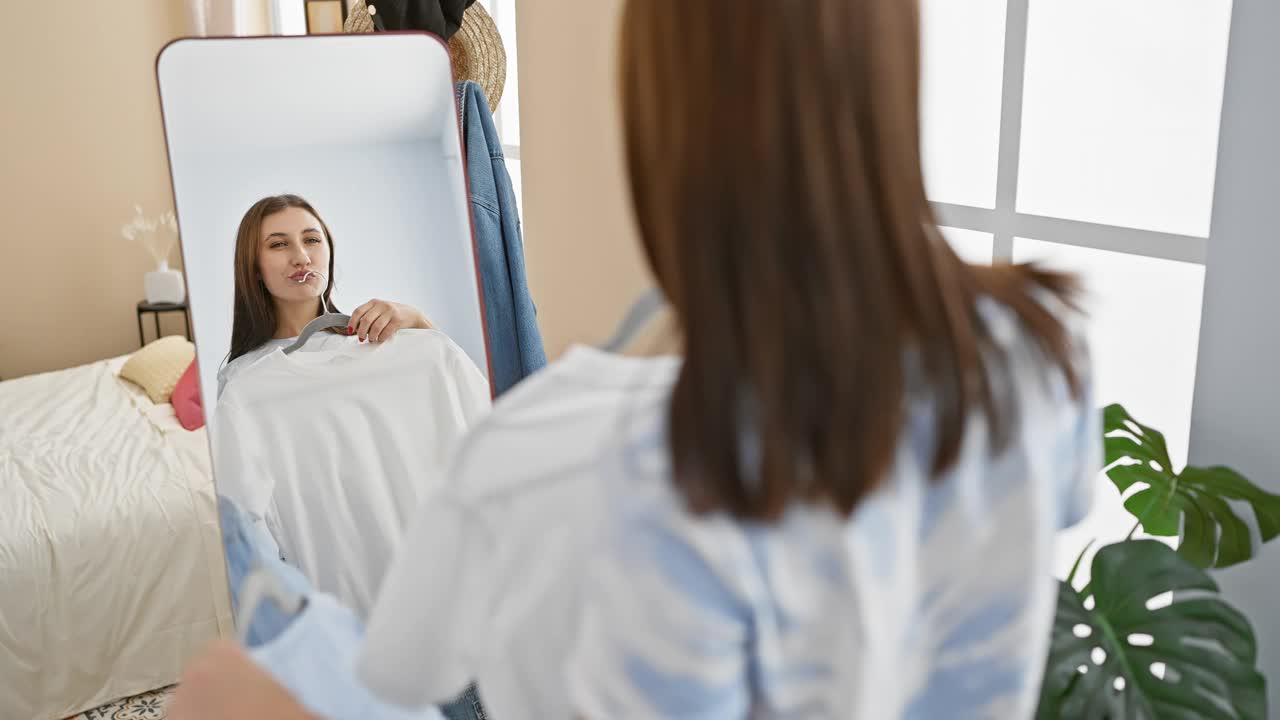 卧室里的女人在镜子前试衣服，反映出舒适、时尚的室内环境。视频素材