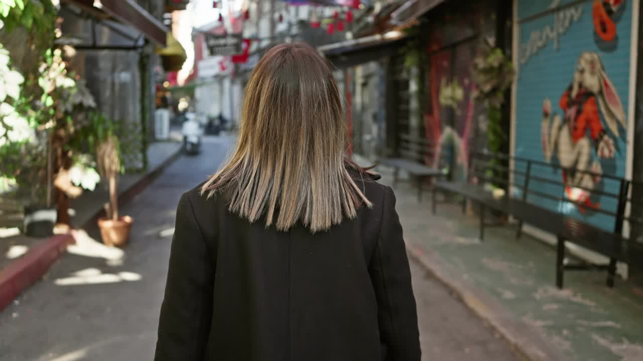 一个年轻女子在伊斯坦布尔一条安静的街道上的后视图，反映了旅行和城市探索的主题。视频素材