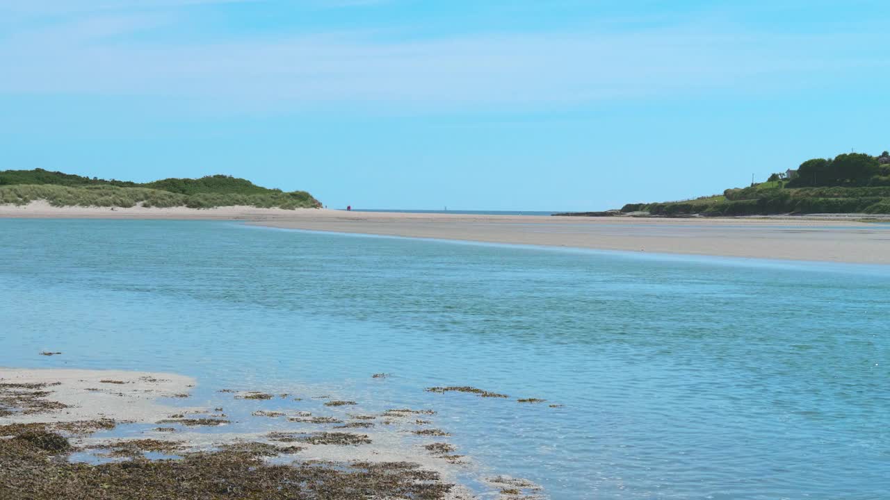 炎炎夏日蓝天下的沙滩。海边的风景。视频素材