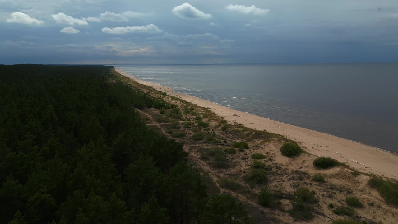 海岸线航拍全景图:多云的天空下，沙滩旁边的水视频素材