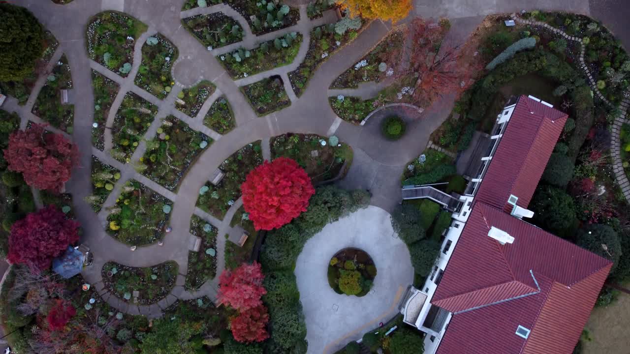 一个充满活力的花园迷宫，各种植物和建筑，捕捉秋天的精髓，鸟瞰图视频素材