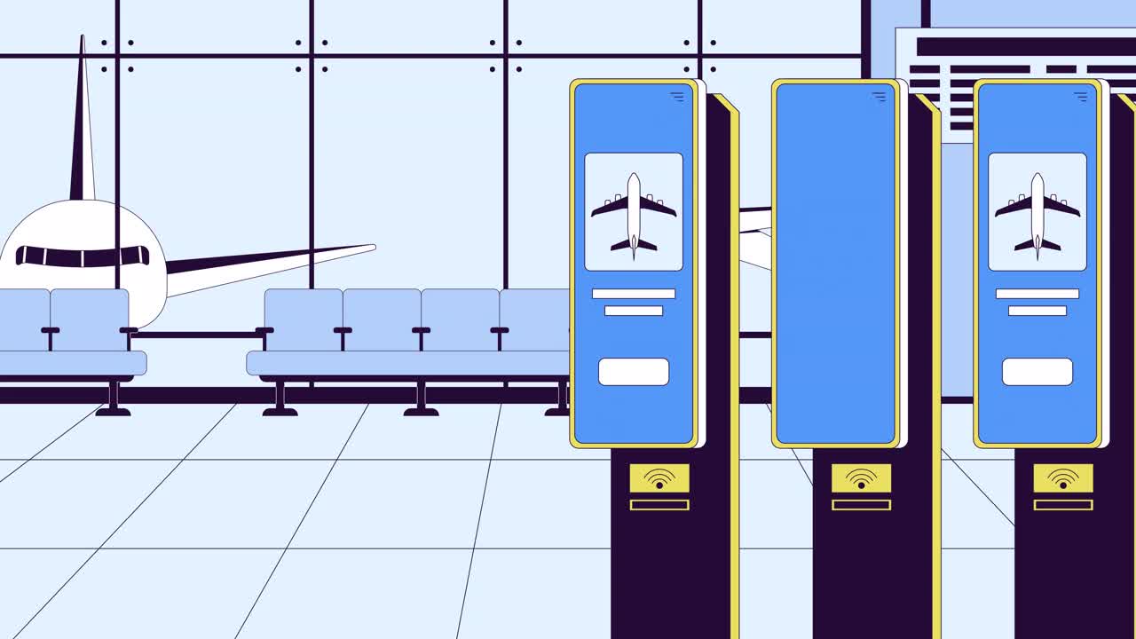在机场航站楼办理登机手续的飞机线卡通动画视频素材